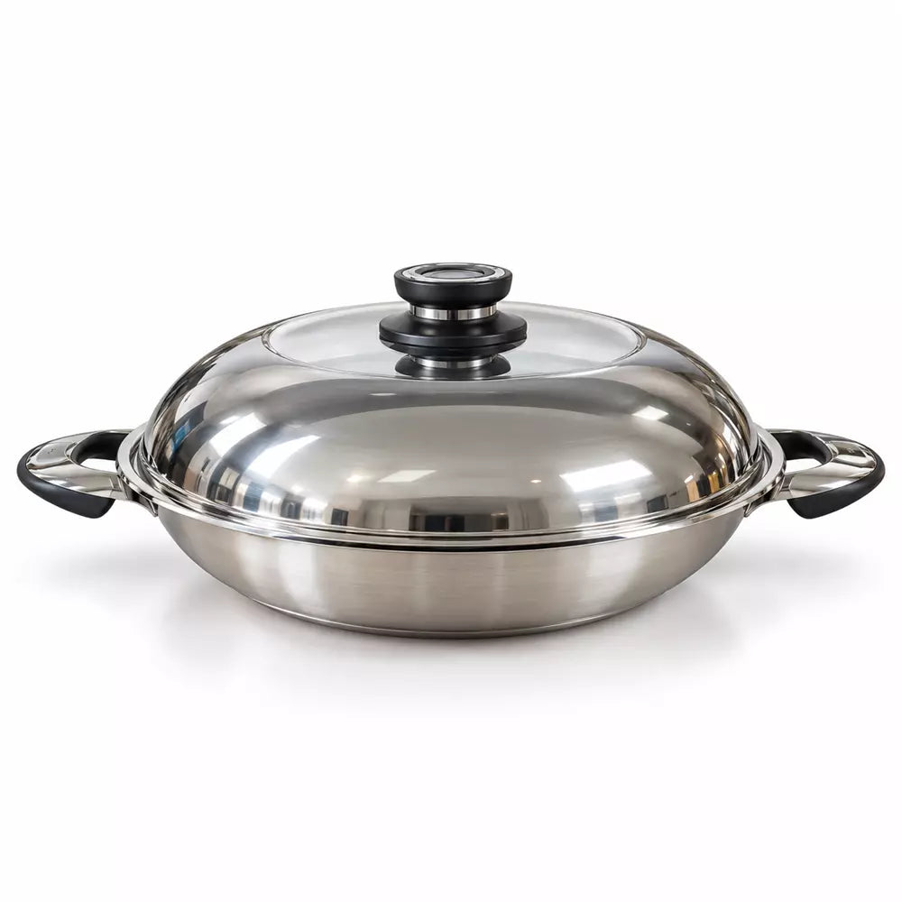 Le Morgan stainless steel waterless paella pan on a white background