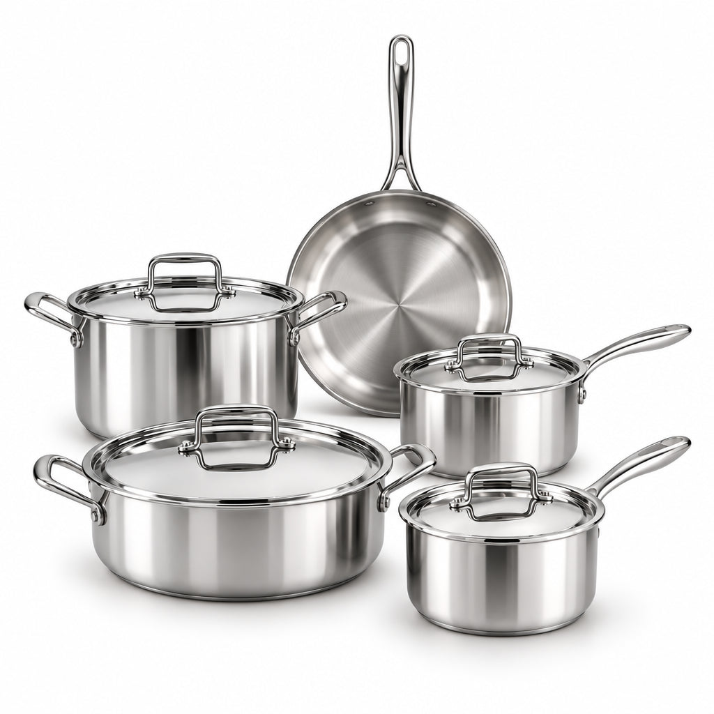 Le Morgan 3ply stainless steel cookware set on a white background