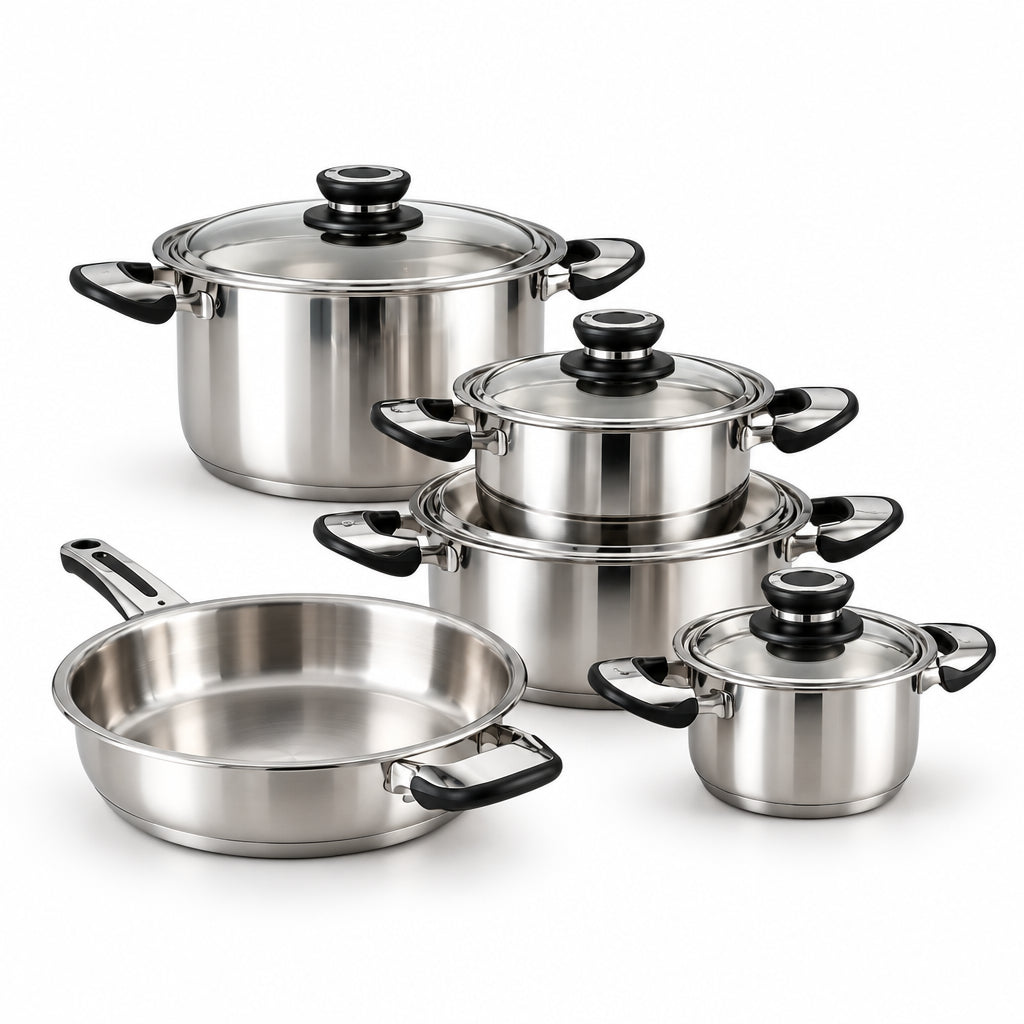 Le Morgan 9 piece stainless steel waterless cookware set on a white background