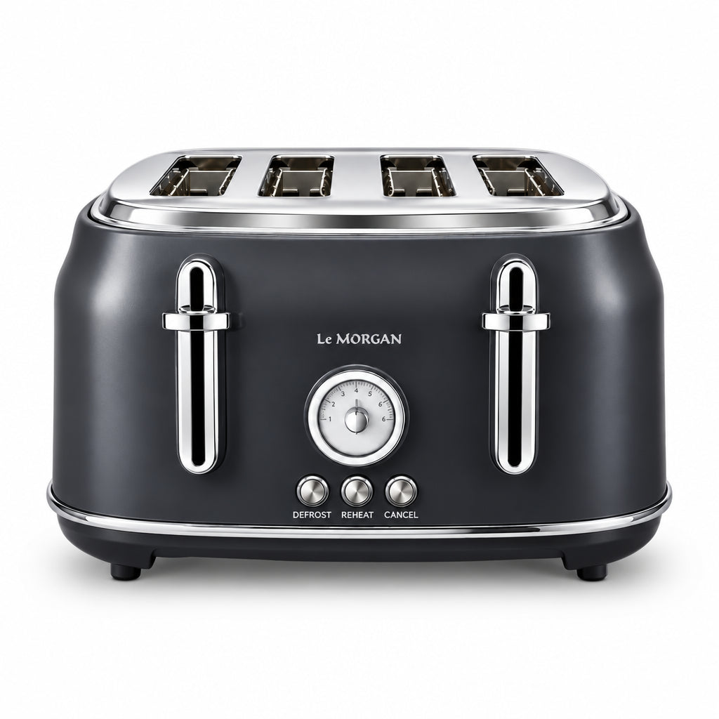 Le Morgan stainless steel 4-slice black toaster on a white background