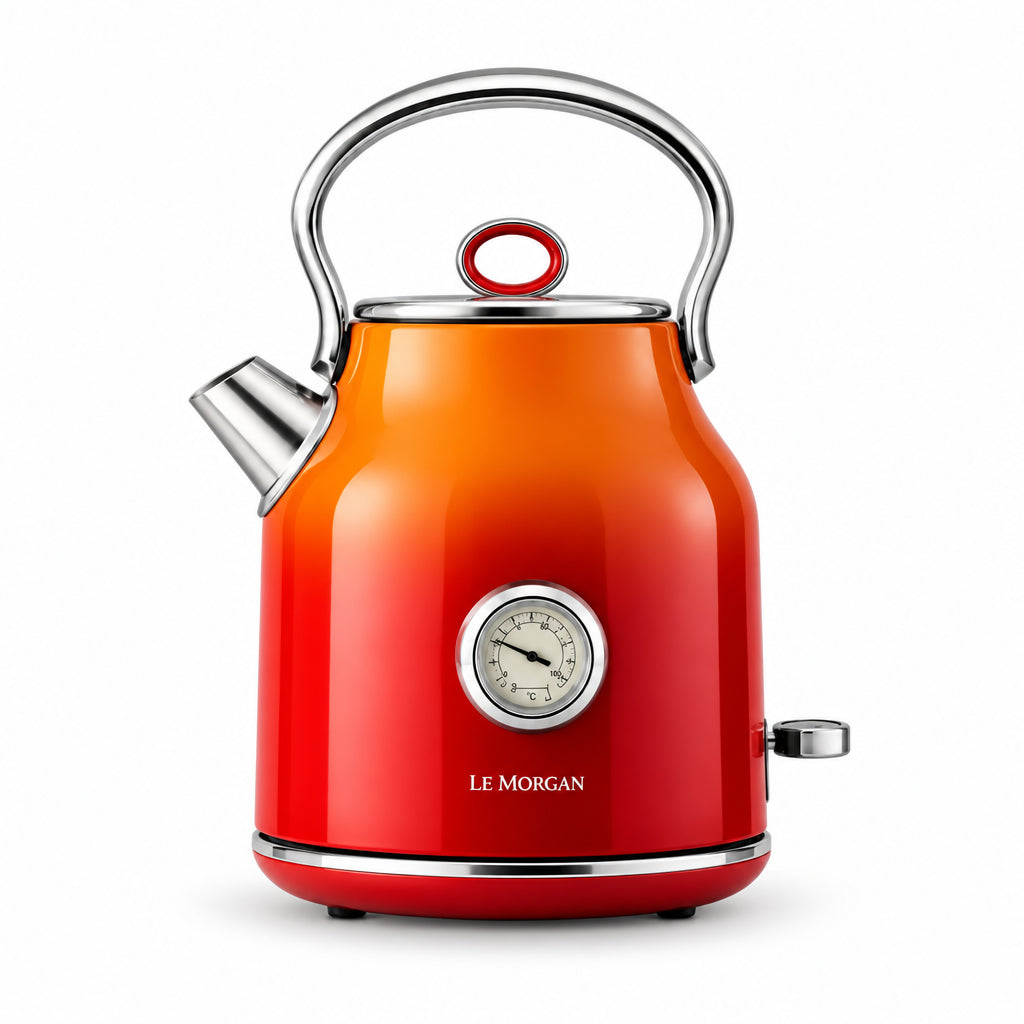 A Le Morgan electric kettle with a red-to-orange gradient finish on a white background