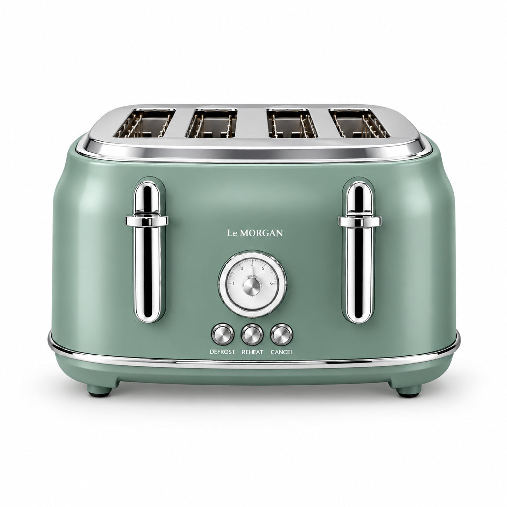 Le Morgan stainless steel sage 4-slice toaster on a white background