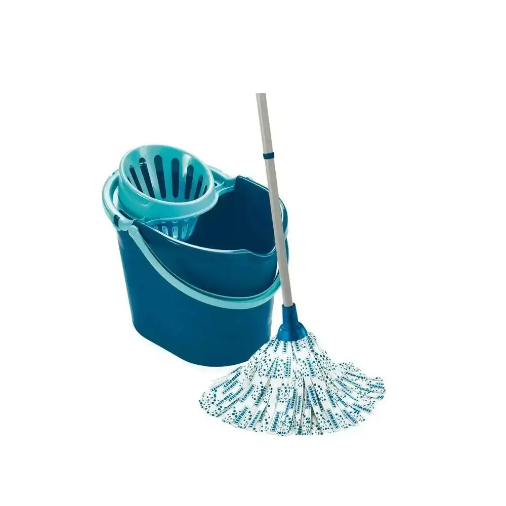 Blue cleaning bucket with a mop on a white background