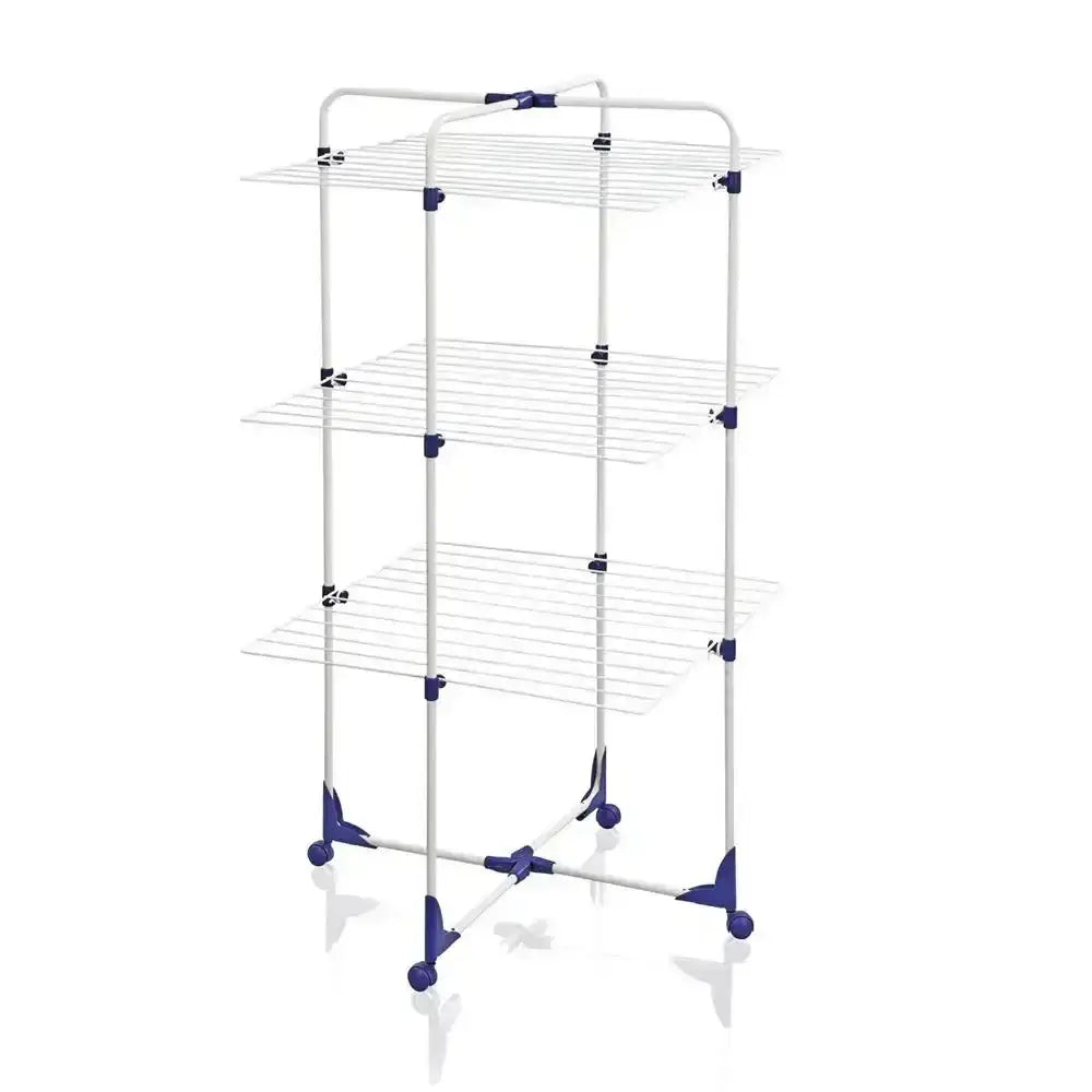 Clothes drying rack with multiple shelves on a white background