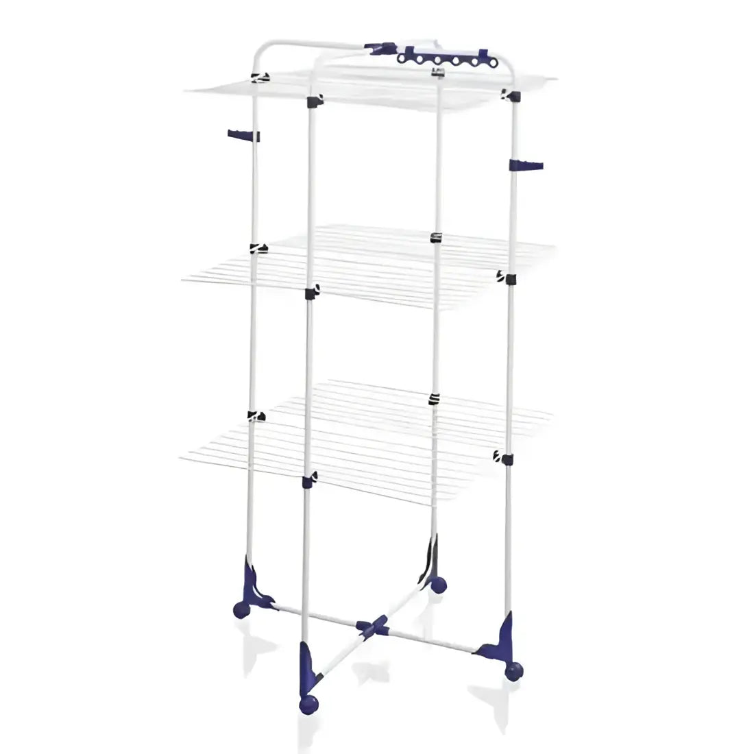 Clothing rack with multiple shelves on a white background
