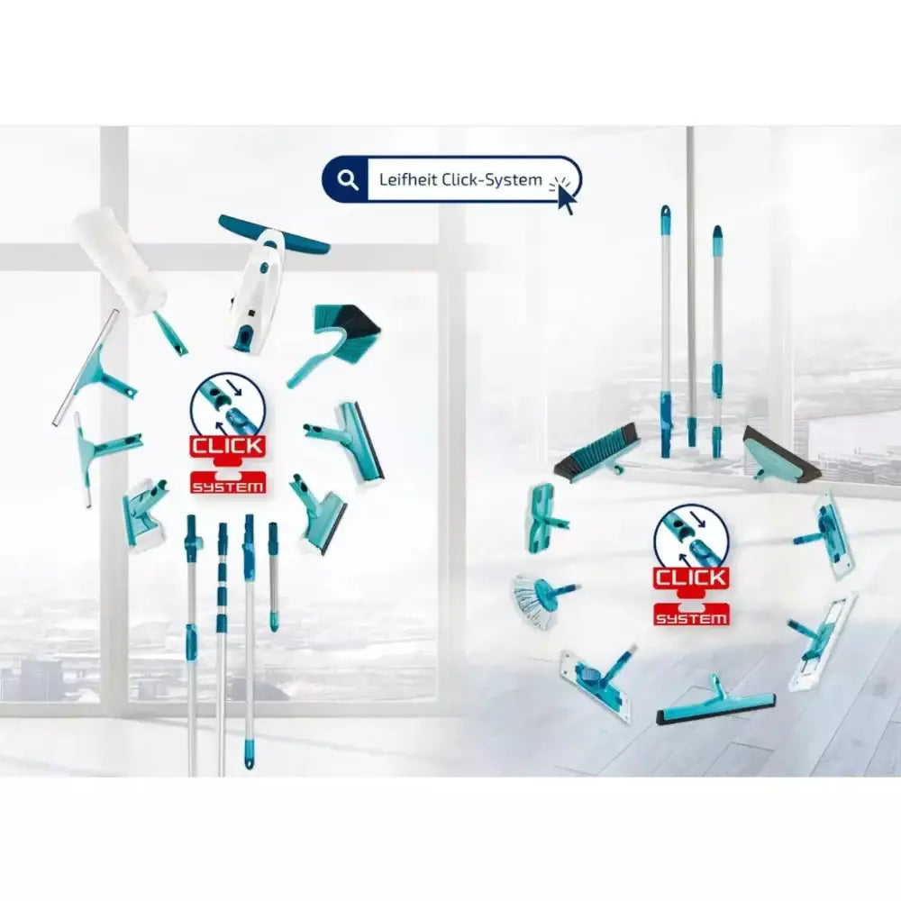 Set of window cleaning tools with Leifheit Click System branding on a white background.