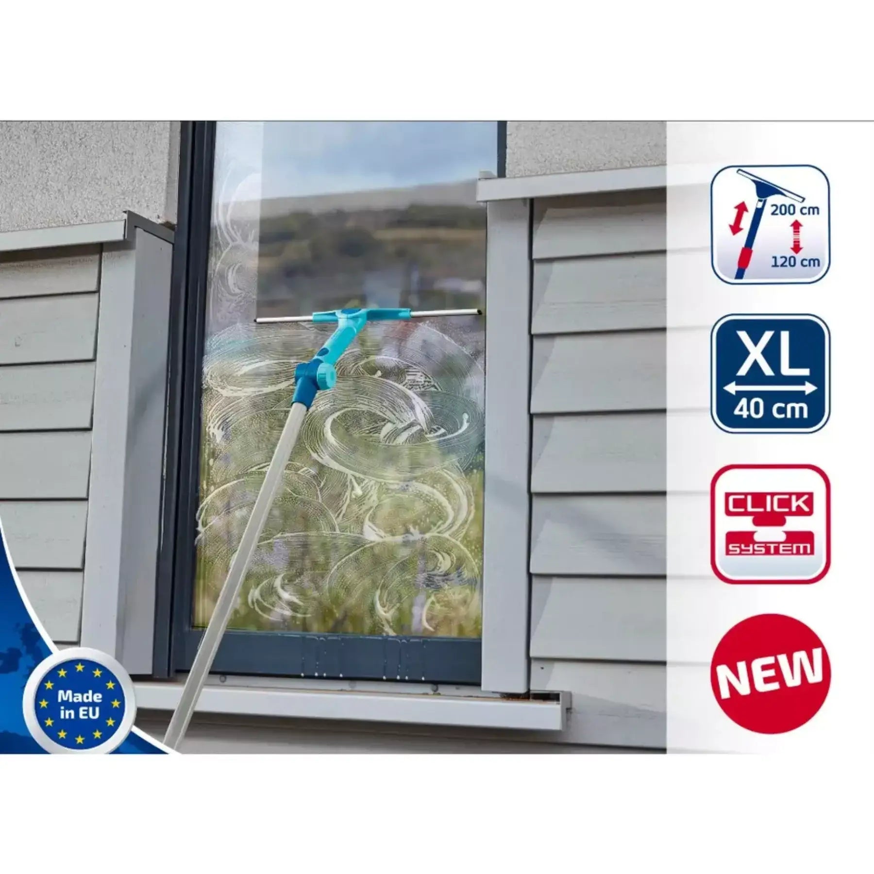 Window cleaning tool with telescopic handle cleaning a window, featuring Click System branding.