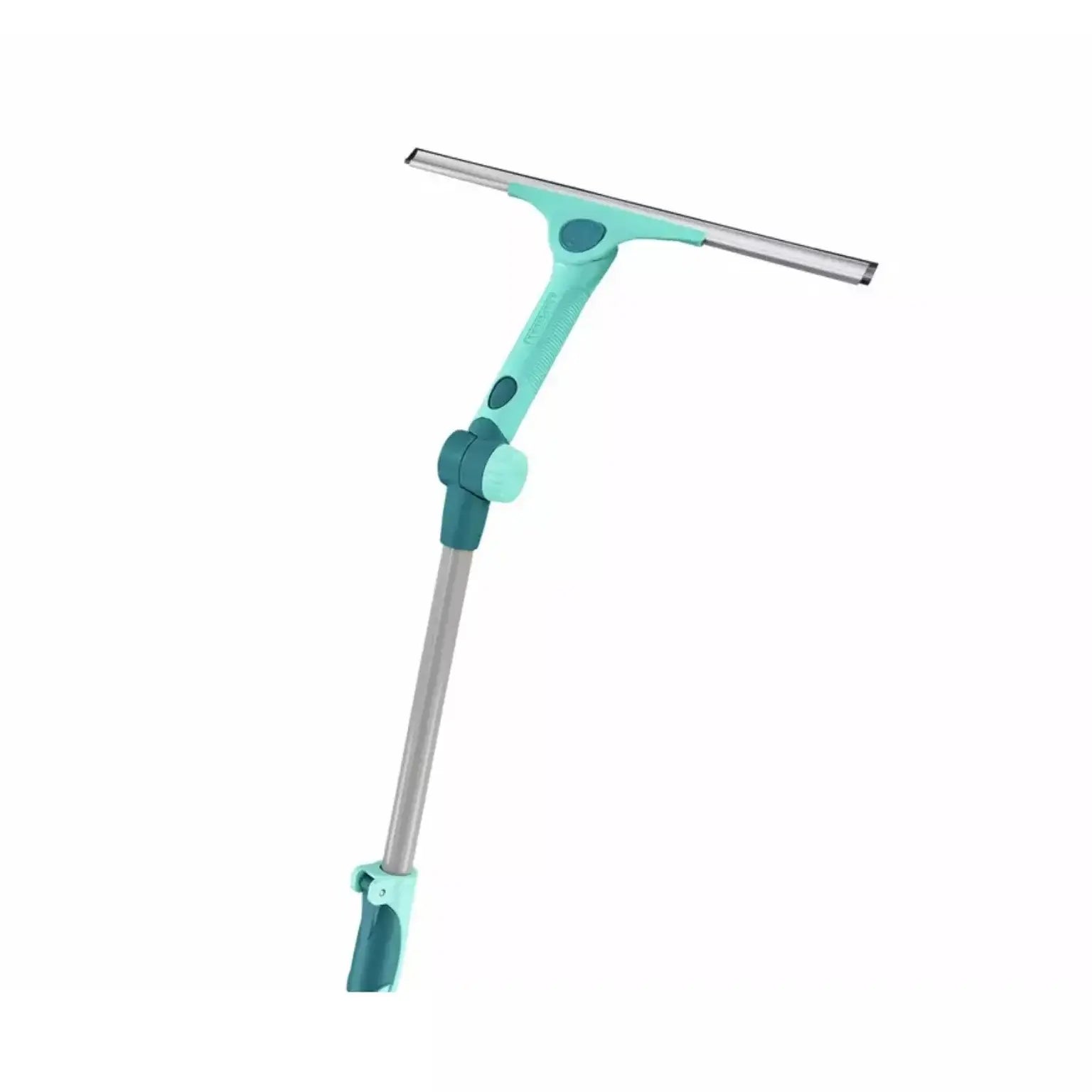 Teal squeegee with a long handle on a white background