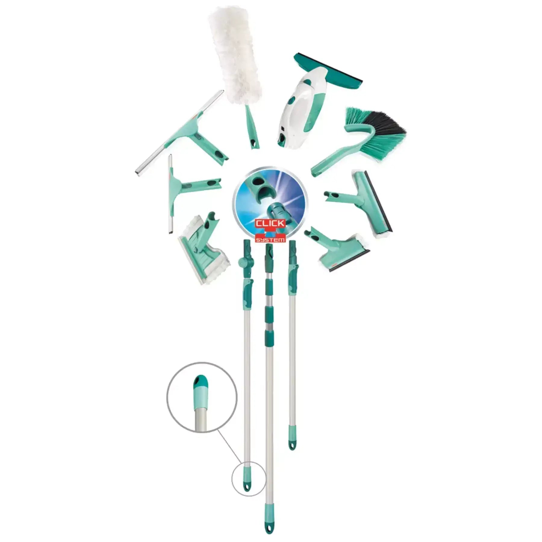 Leifheit click-system multi-tool cleaning kit with teal and white durable steel adjustable joint attachments