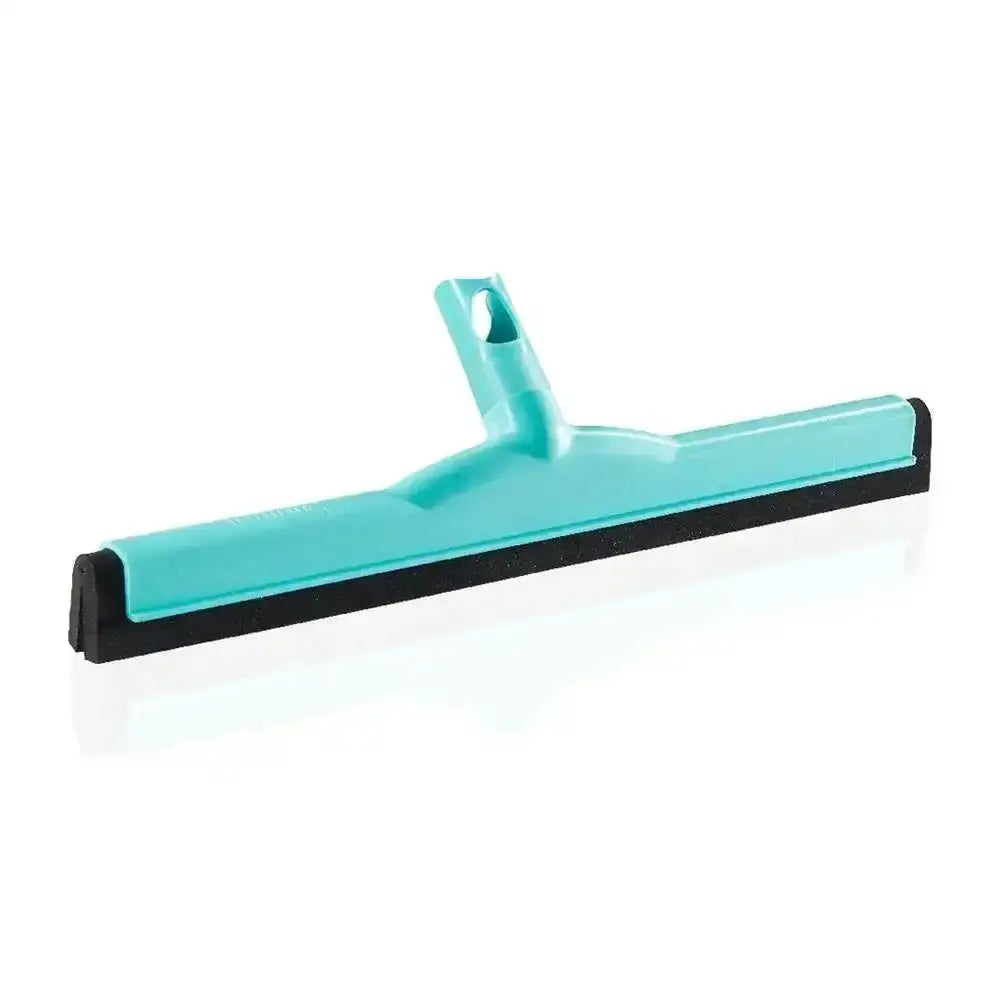 Turquoise floor squeegee with black rubber blade on a white background
