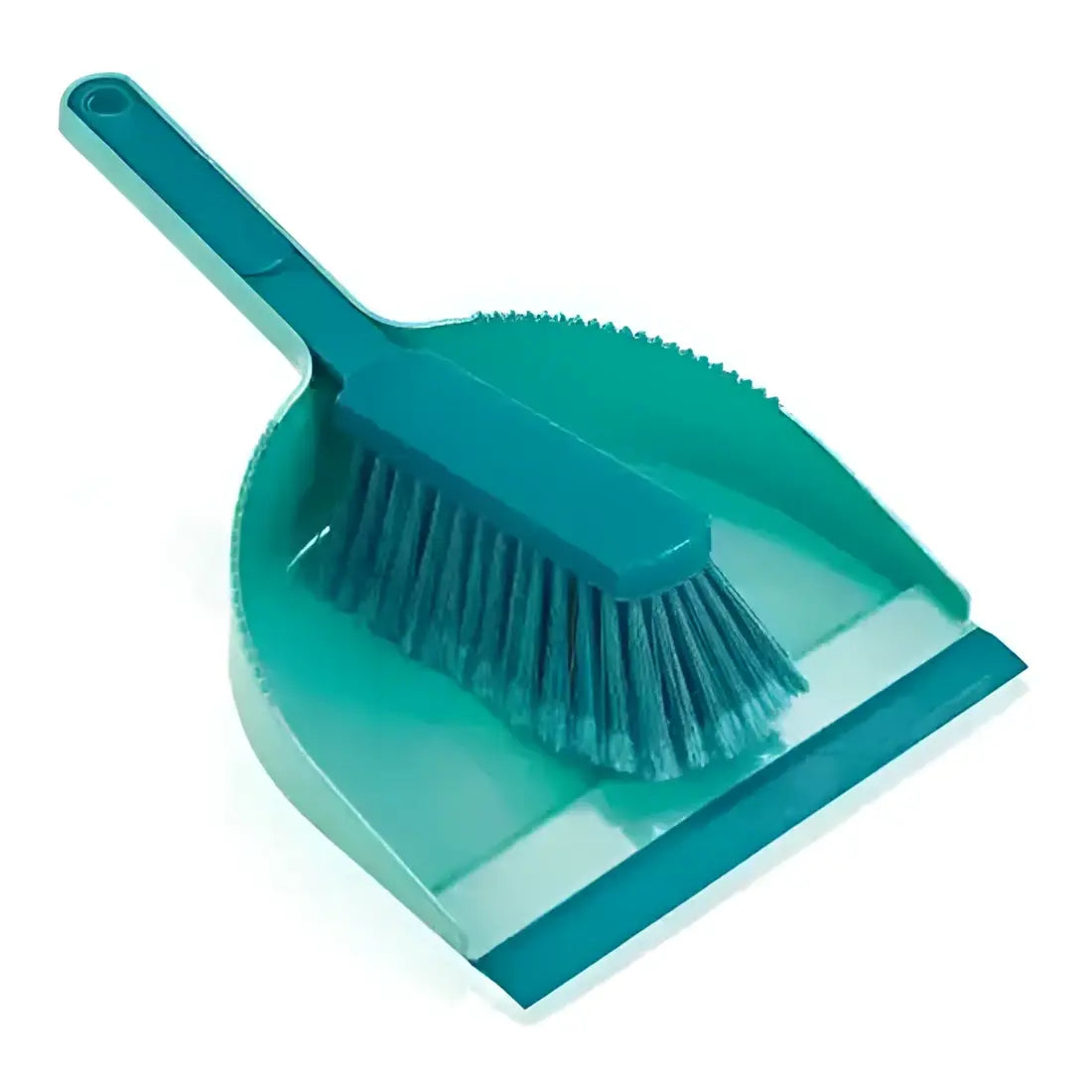 Teal dustpan and brush set on a white background