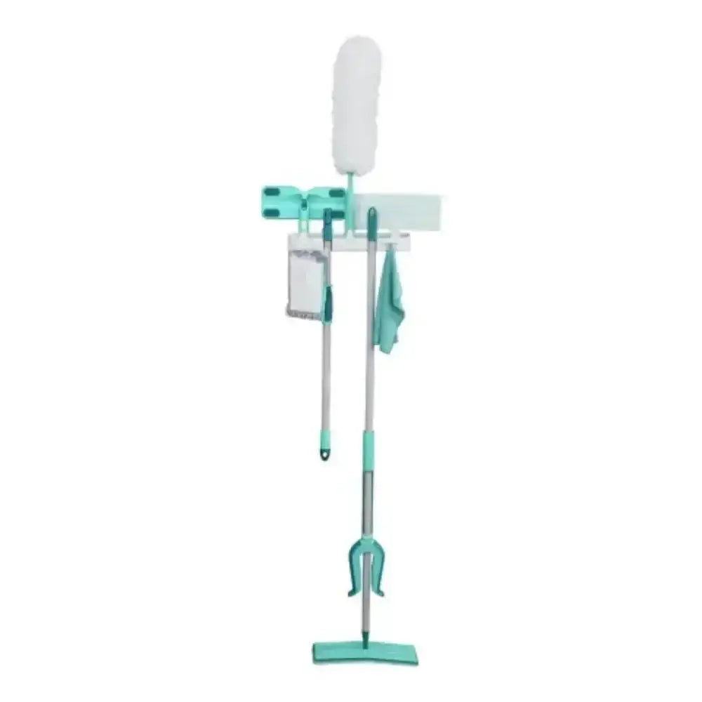 Set of cleaning tools including a mop, duster, and scrubber on a white background