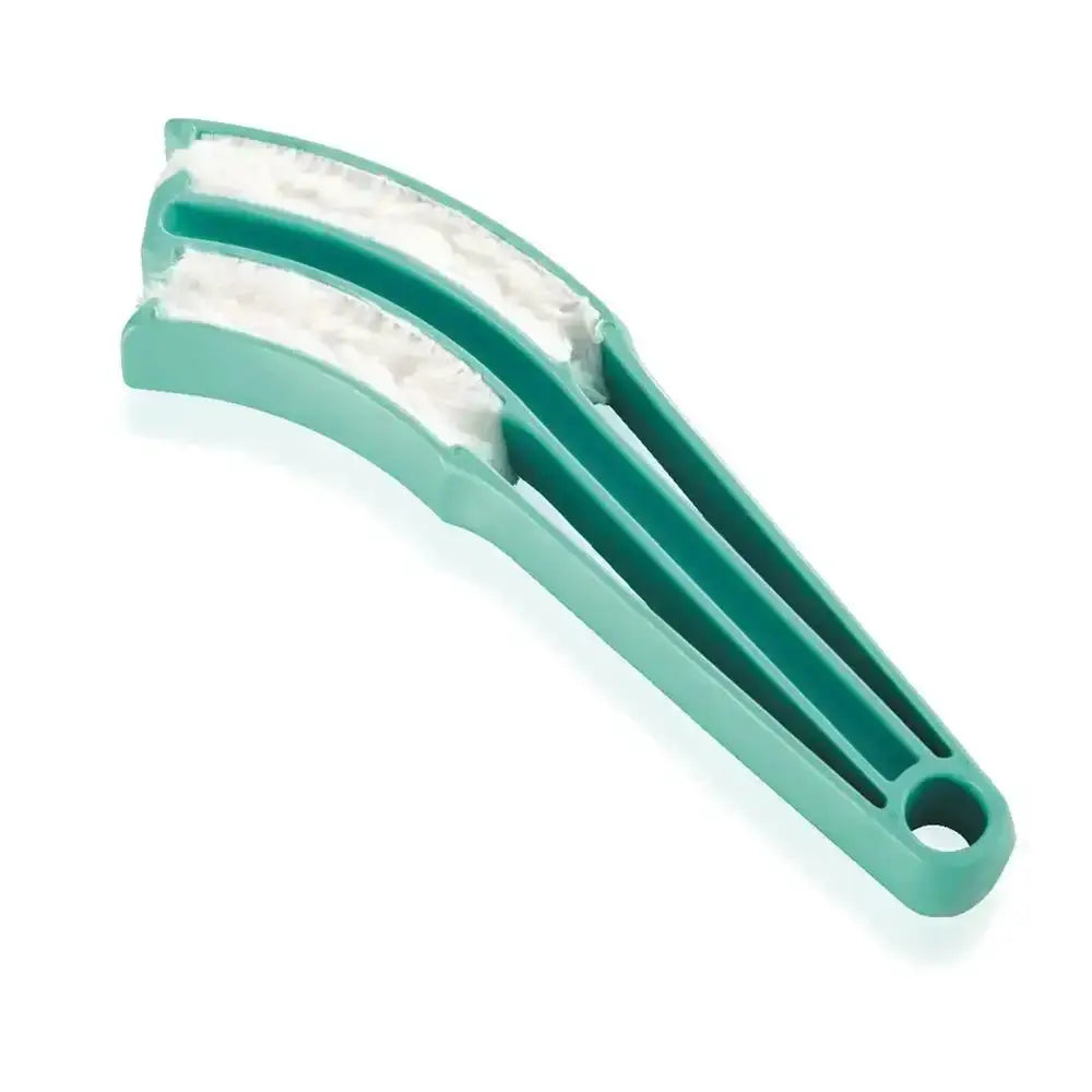 Turquoise blind cleaner with white bristles on a white background