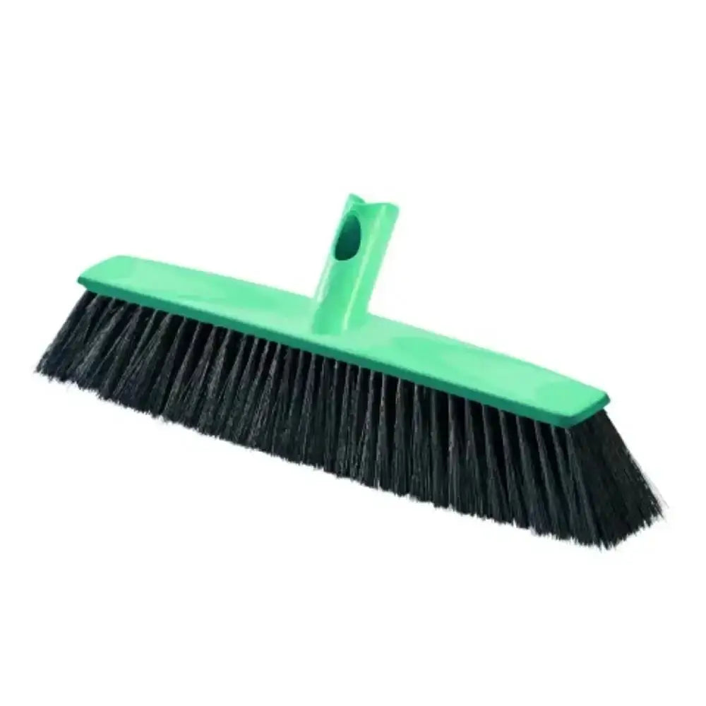 Green broom with black bristles on a white background