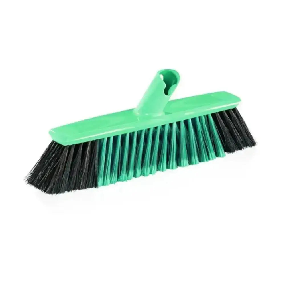 Green broom with black bristles on a white background