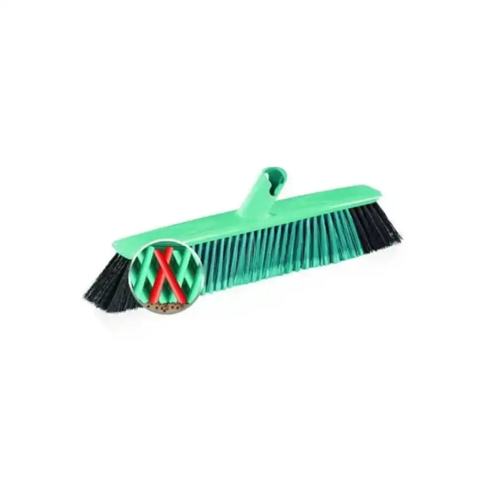 Green broom with black bristles on a white background