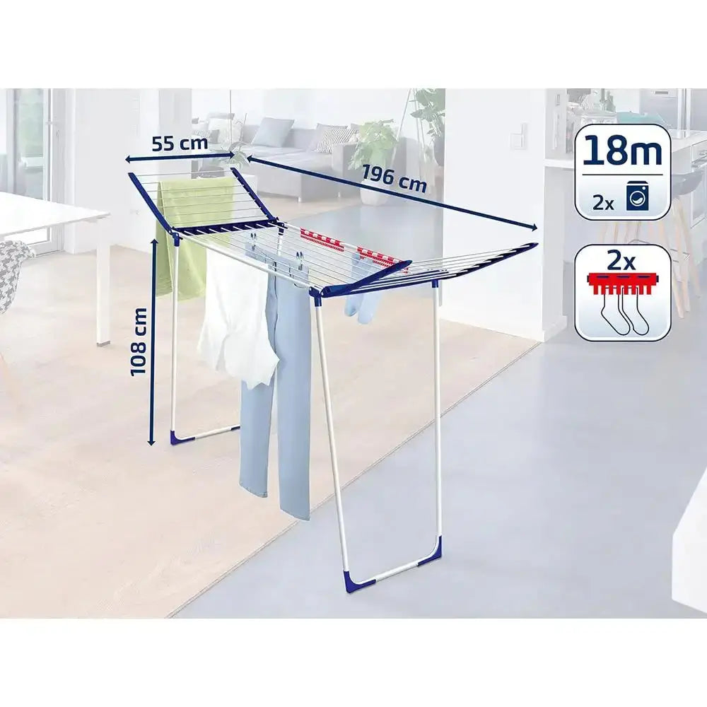 Clothes drying rack with dimensions and capacity indicators in a room setting.