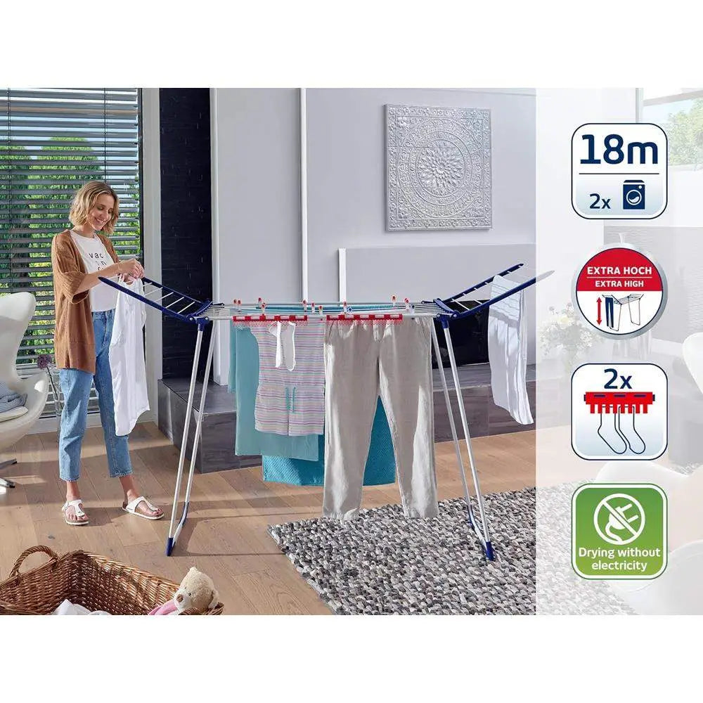 Woman using a clothesline with laundry in a room, featuring product specifications on the right.