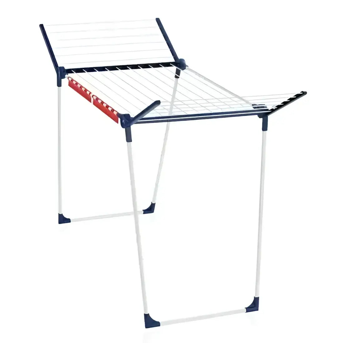 Clothes drying rack with red and blue accents on a white background