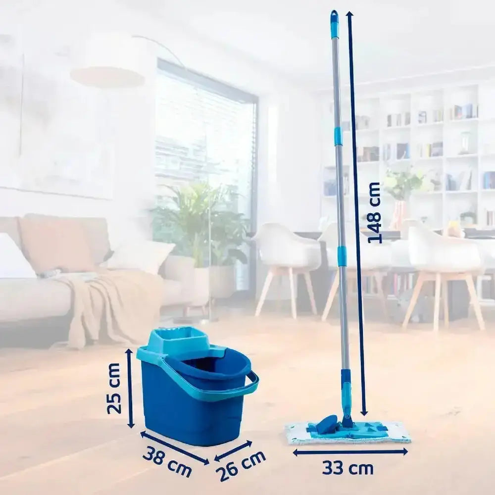 Mop and bucket set with dimensions labeled in a room setting