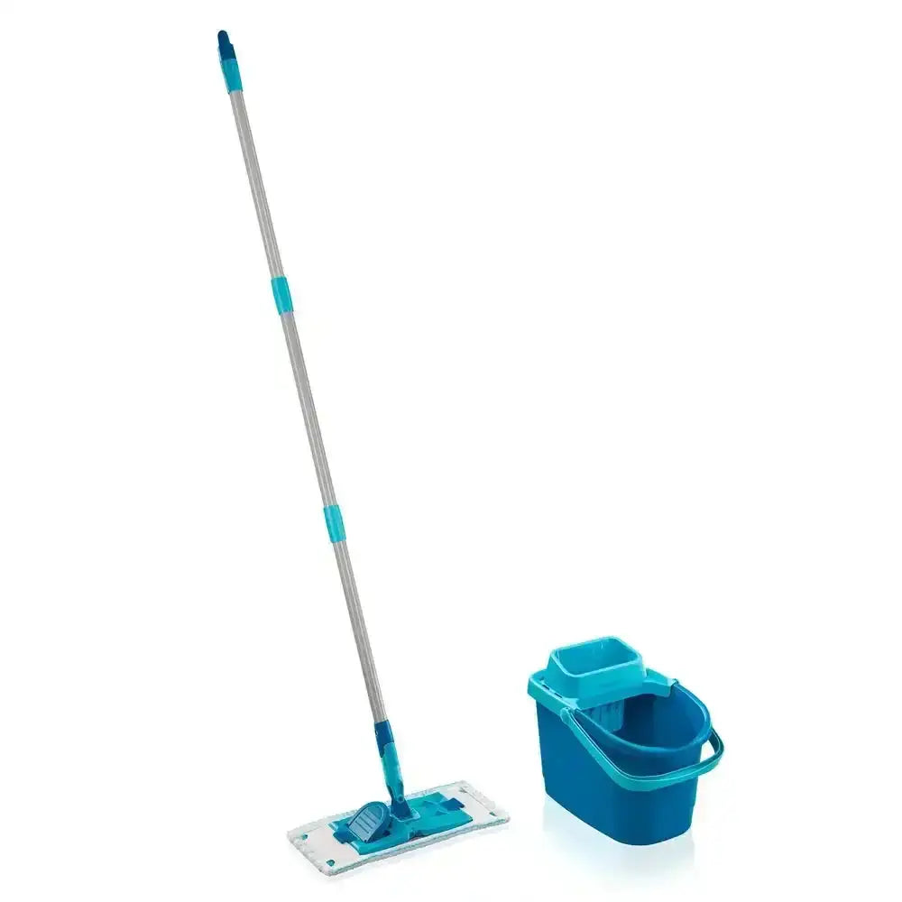 Cleaning set with blue mop and bucket on a white background