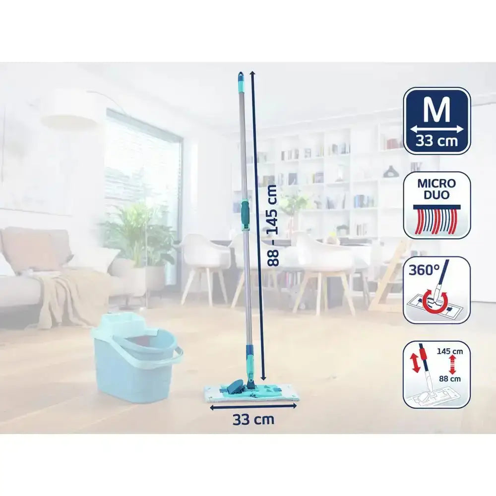 Mop and bucket set with cleaning features displayed on a blurred room background