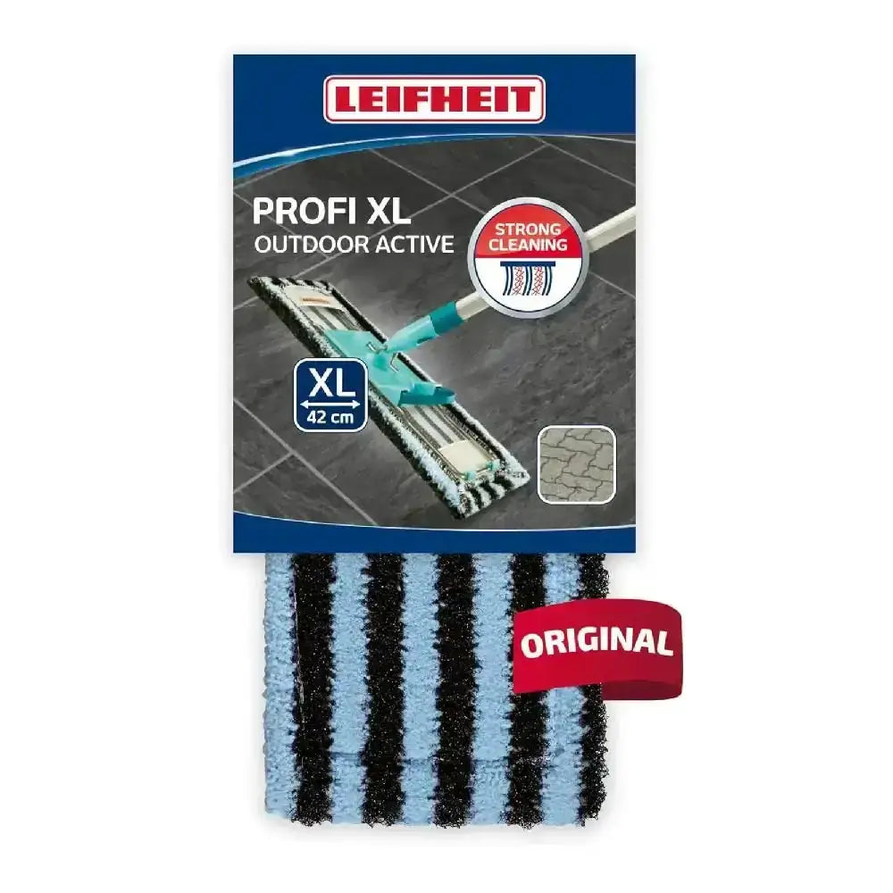 Leifheit Profi XL Outdoor Active cleaning tool packaging with a mop and scrubber on a white background.