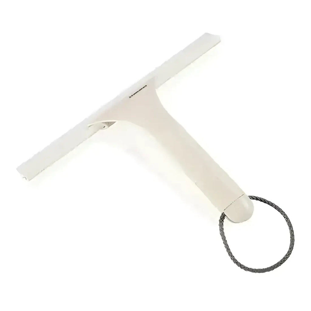 White shower squeegee with a cord on a white background