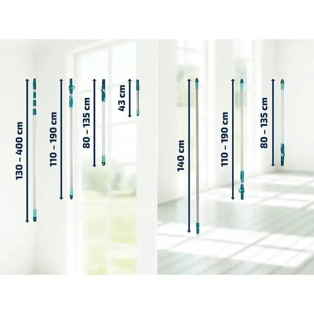 Assorted telescopic pole handles in various lengths, displayed indoors, with measurements shown.