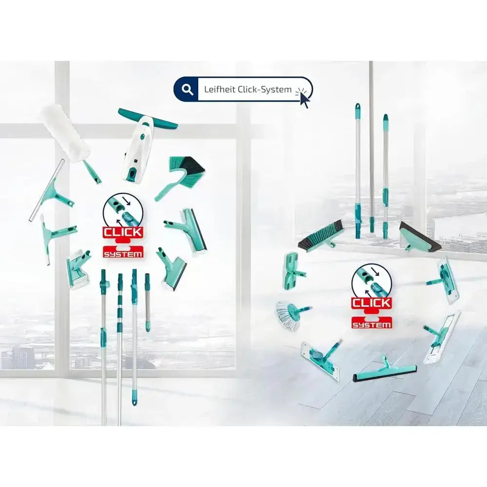 Assorted cleaning tool heads and handles for Leifheit Click-System on white background