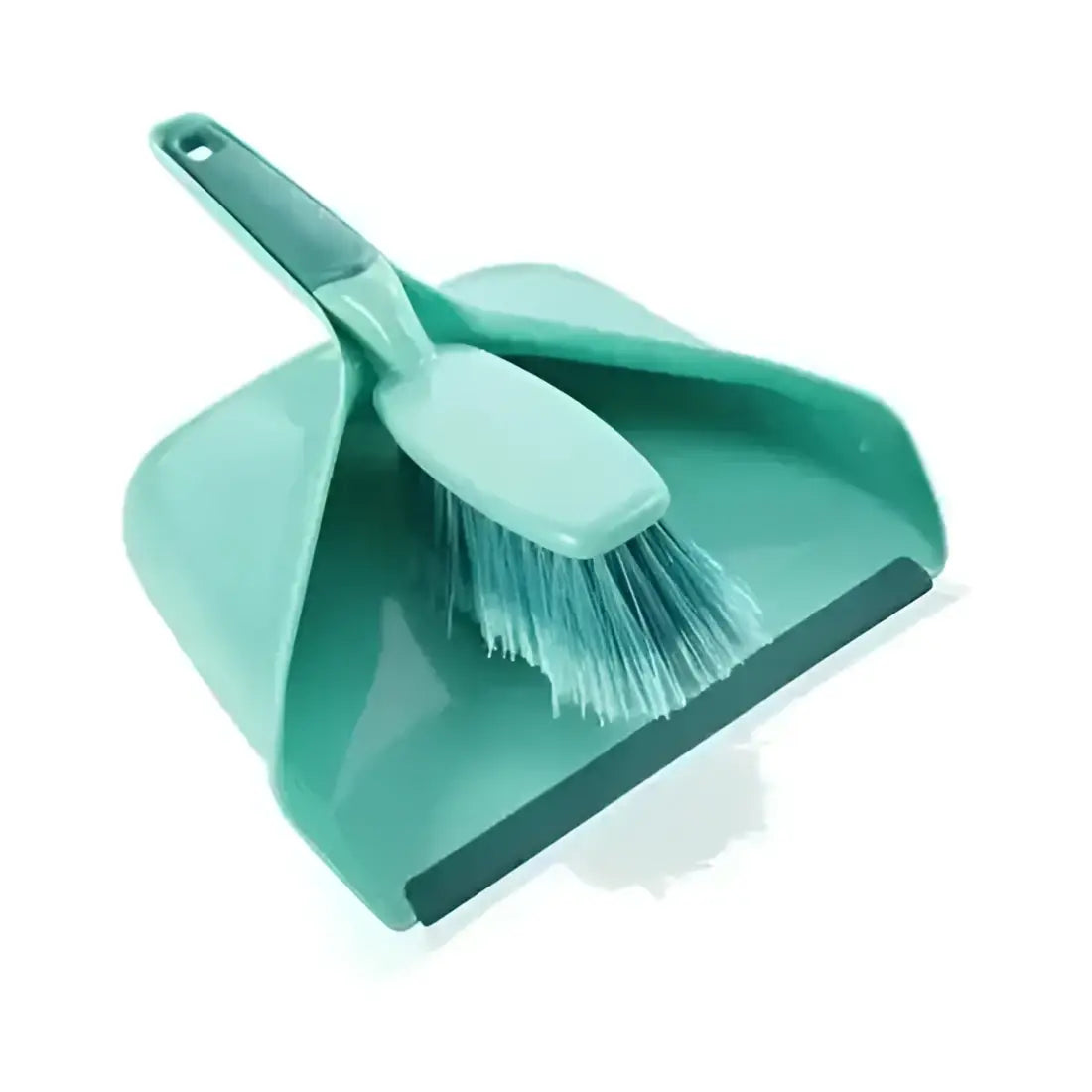Turquoise dustpan and brush set on a white background