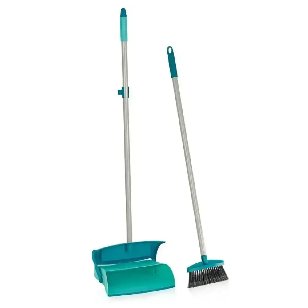 Teal broom and dustpan set on a white background