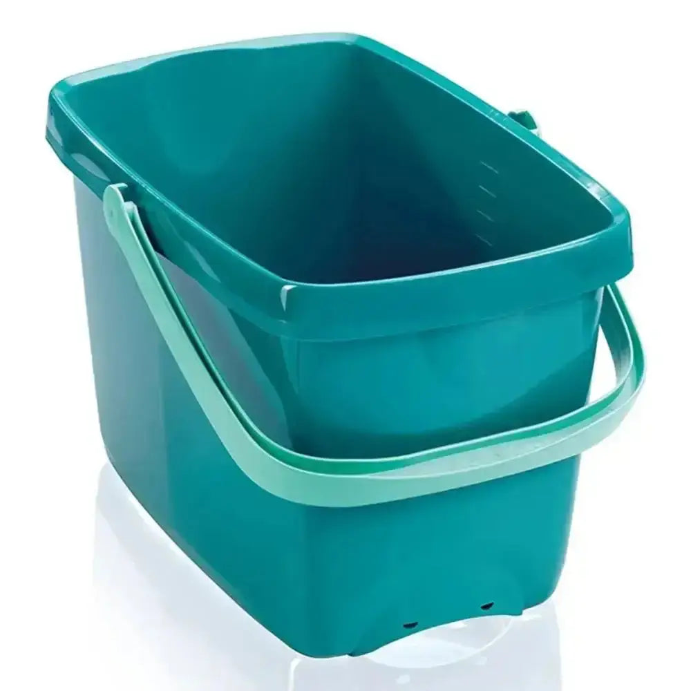 Teal plastic bucket with handles on a white background