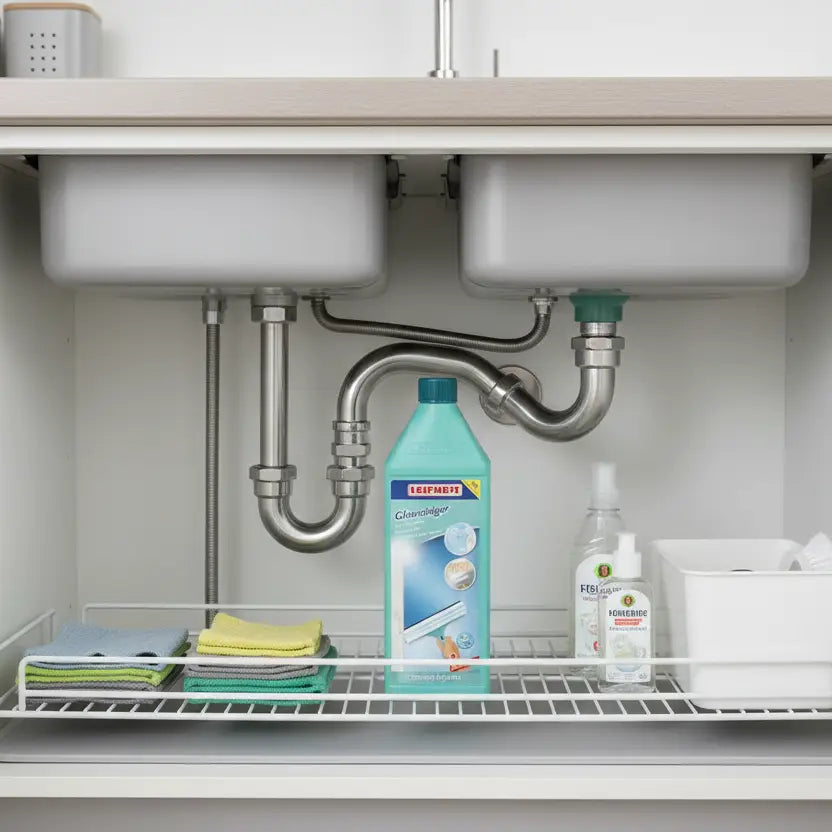 Under-sink cabinet organization with a bottle of dish soap and cleaning supplies.