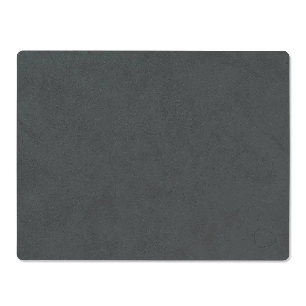 Dark gray placemat with a brand logo on a white background