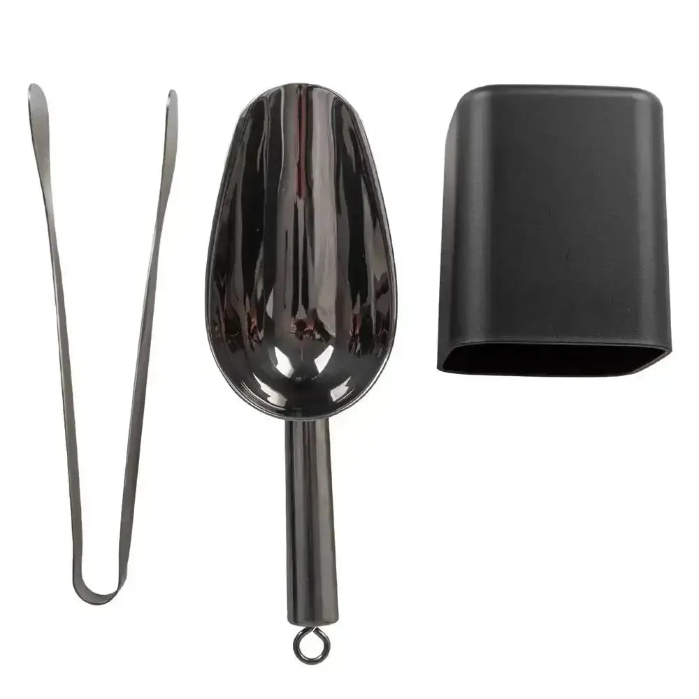 Black metal scoop, tongs, and container on a white background