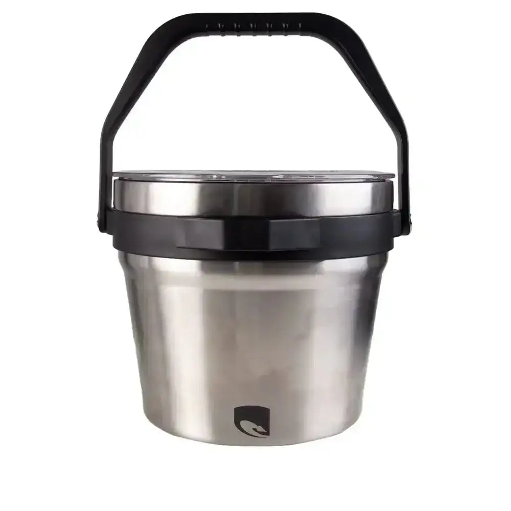 Stainless steel container with black handle on a white background