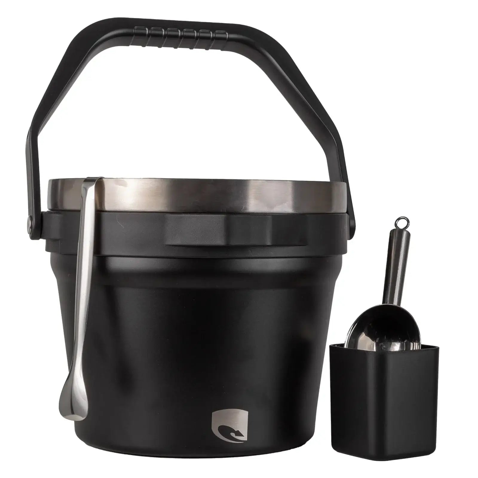 Black bucket with handle and attached scoop on a white background