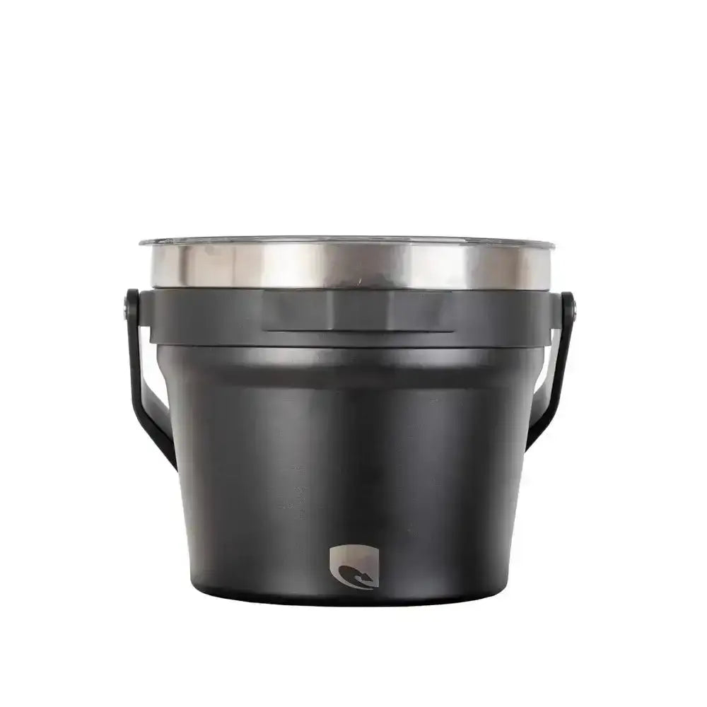 Black insulated food container with silver lid on a white background