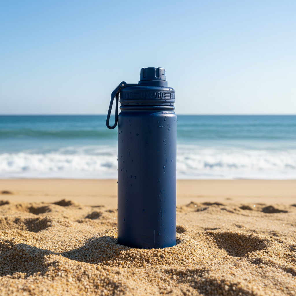 Blue water bottle on a sandy beach with ocean in the background