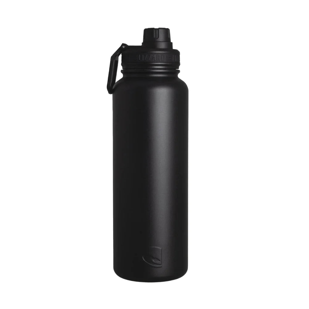 Black water bottle with a screw-on cap on a white background