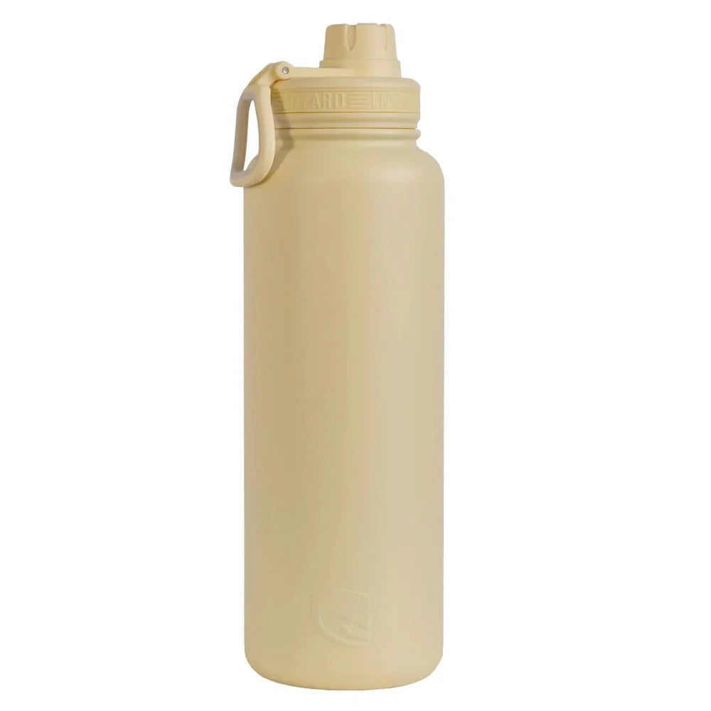 Beige water bottle with a cap on a white background