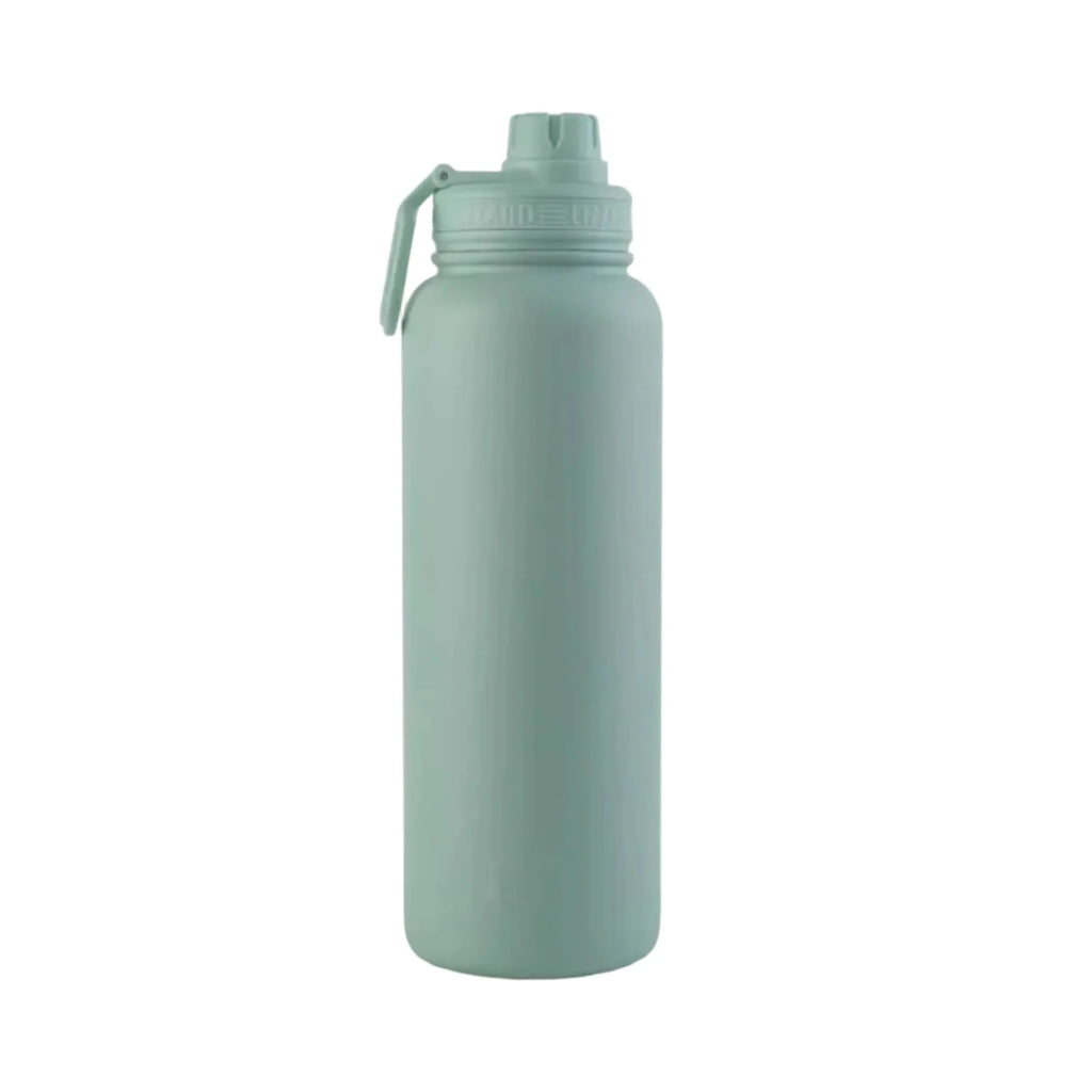 Green water bottle with a white background