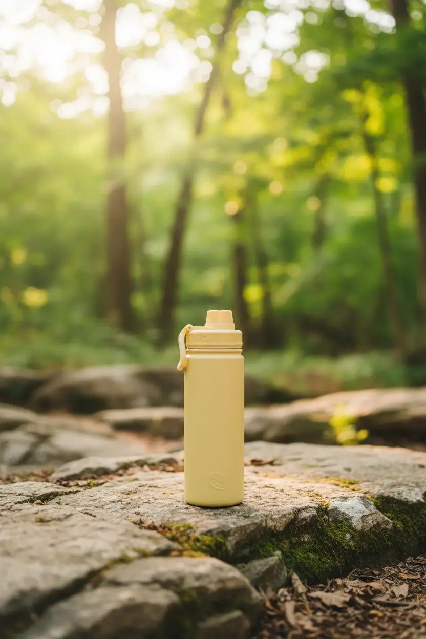 Beige lizzard flask stainless steel 530ml insulated water bottle with screw-on lid and carrying loop in butter yellow