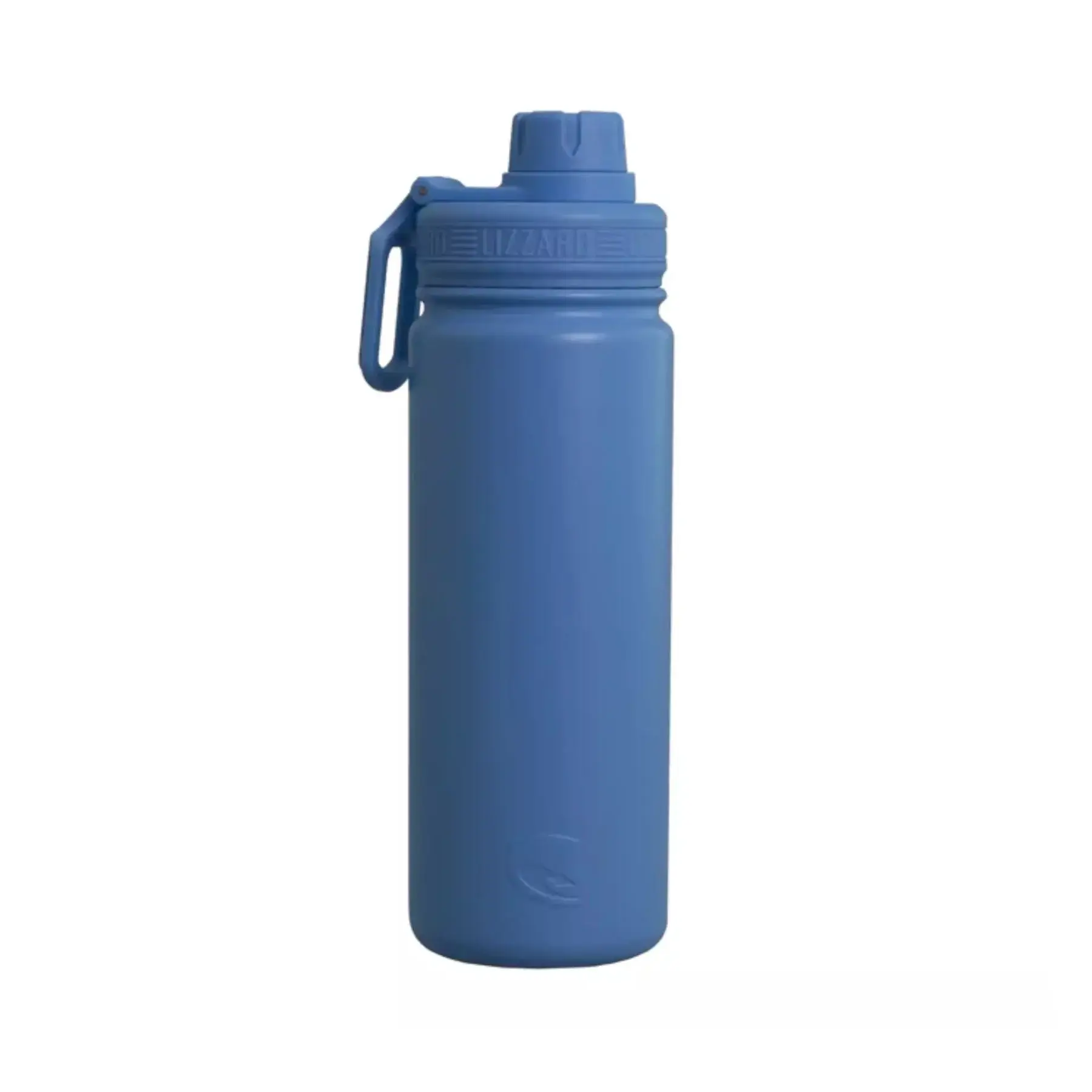 Blue water bottle with a carabiner on a white background
