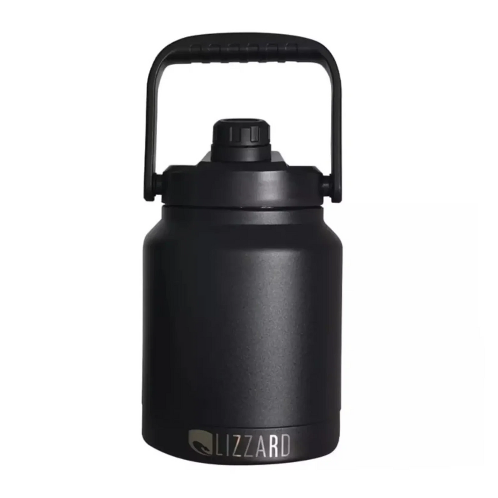 Black insulated water bottle with handle on a white background