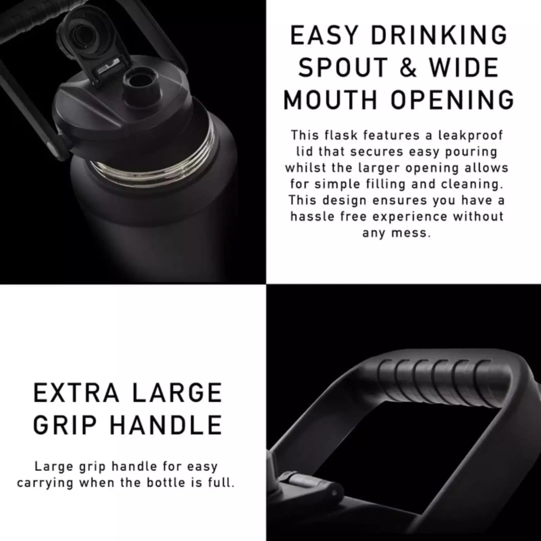 Black flask with easy drinking spout, wide mouth opening, and large grip handle on a black background.