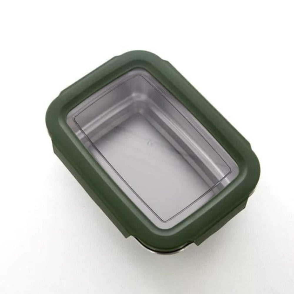 Green rectangular container with a clear lid on a white background