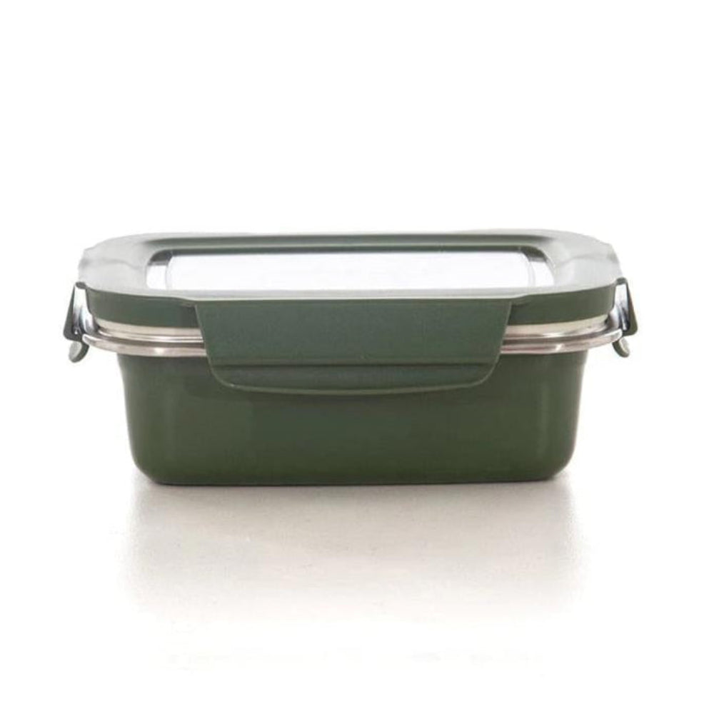 Green rectangular food container with a lid on a white background