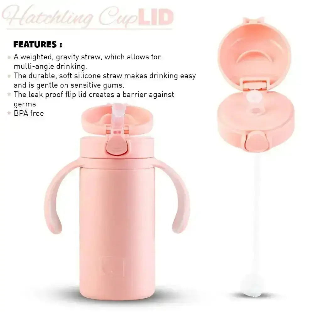 Pink cup with features listed on a white background